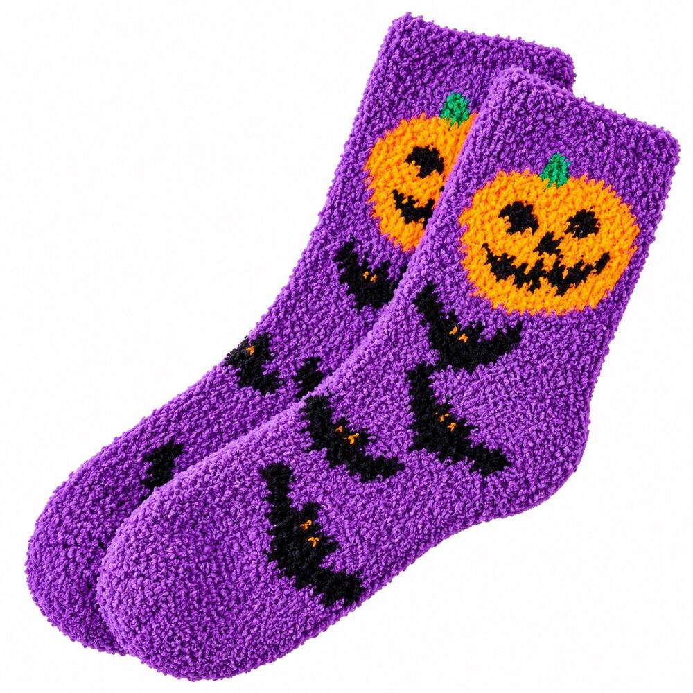 Halloween Purple Fuzzy Pumpkin Bat Cozy Socks One Size NWOT